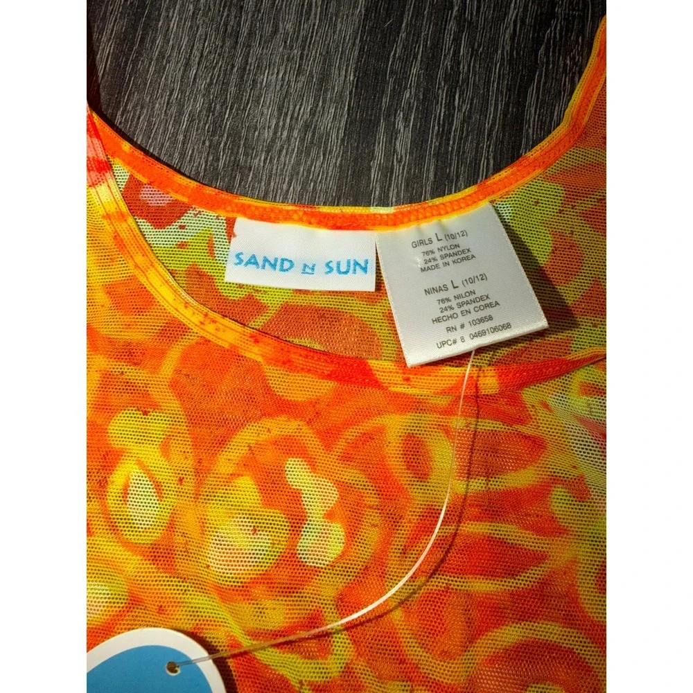 Sand N Sun Girls Orange Floral Mesh Swim Cover‎ Up Dress Size L 10/12 NWT Y2K